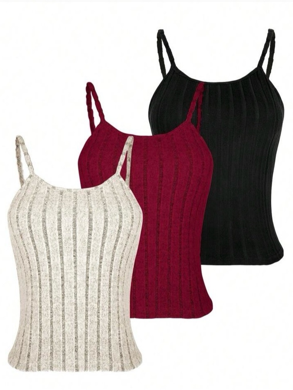 Women’s Rib Knit Spaghetti Strap Tank - Black, Burgundy & Cream